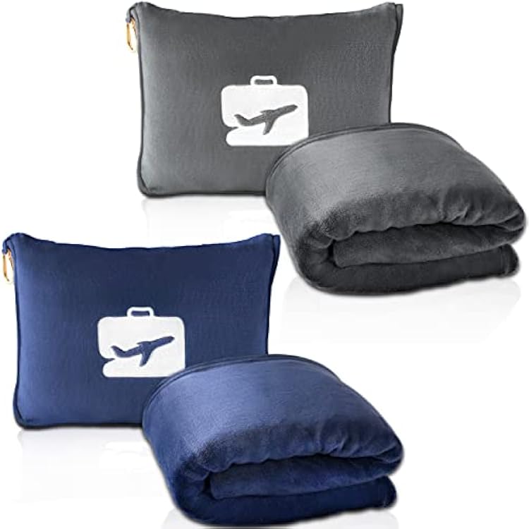 EverSnug Travel Friendly Blanket and Pillow Bundle Airplane Travel Accessories with Soft Bag Pillowcase for Women & Kids, Hand Luggage Sleeve and Backpack Clip | Color Includes Navy Blue & Grey