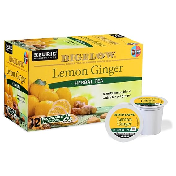 Bigelow Tea Lemon Ginger Herbal Keurig K-Cup Pods, 12 Count Box (Pack Of 6), Caffeine Free Herbal Tea, 72 K-Cup Pods Total