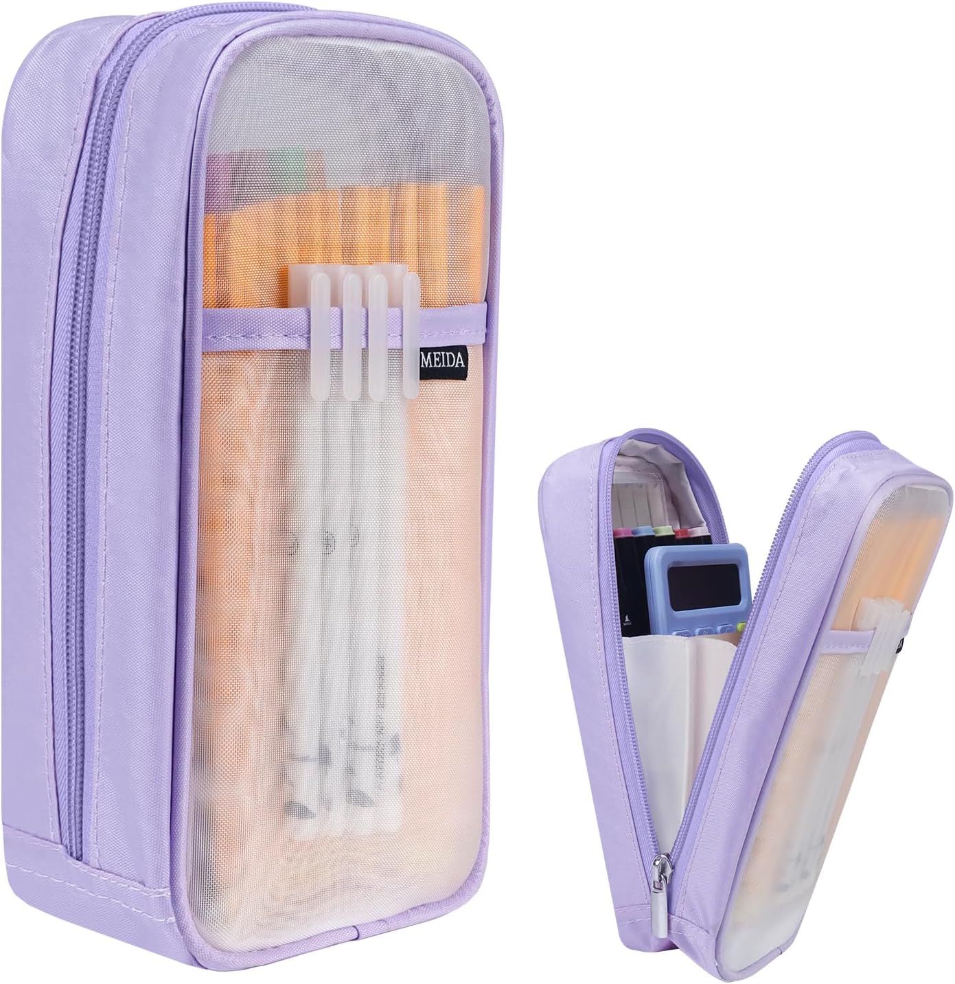 Fmeida Grid Mesh Pencil Case - Upgraded 4 Compartment Pencil Pouch, Clear Adult Pencil Bag Aesthetic Marker Pouch Stationary Bag Office Organizer for College Business Travel - Purple