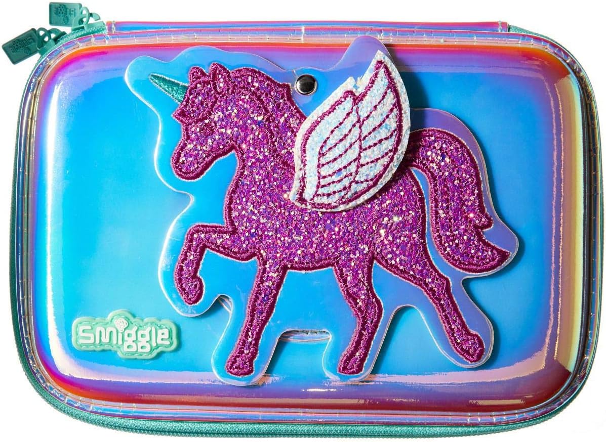 Smiggle Believe School Hardtop Pencil Case for Girls & Boys with Hidden Mirror and Metallic Finish | Unicorn Print