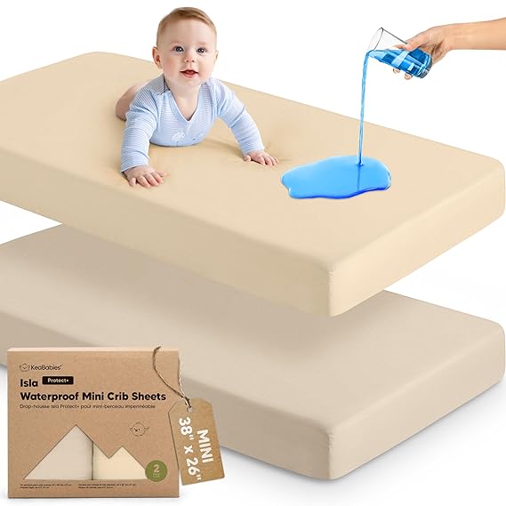 2-Pack Waterproof Pack and Play Sheets, Mini Crib Sheets Fitted for Boy, Girl - 38 x 26 Viscose from Bamboo Pack N Play Mattress Sheets for Graco, Toddler Playard Baby Crib Sheets Neutral (Macadamia)