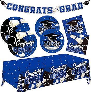 2025 Graduation Decorations Kit: Grad Party Supplies with Blue Disposable Plates, Napkins, Tablecloth, and Congrats Grad Banner for 25 Guests - Graduation Party Decorations